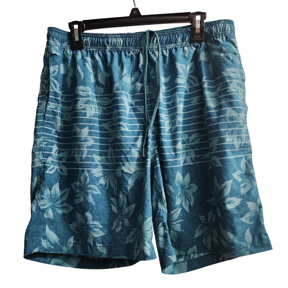 Kirkland Signature Mens‎ Large Swim Trunks Blue Floral Stripe Drawstring Shorts